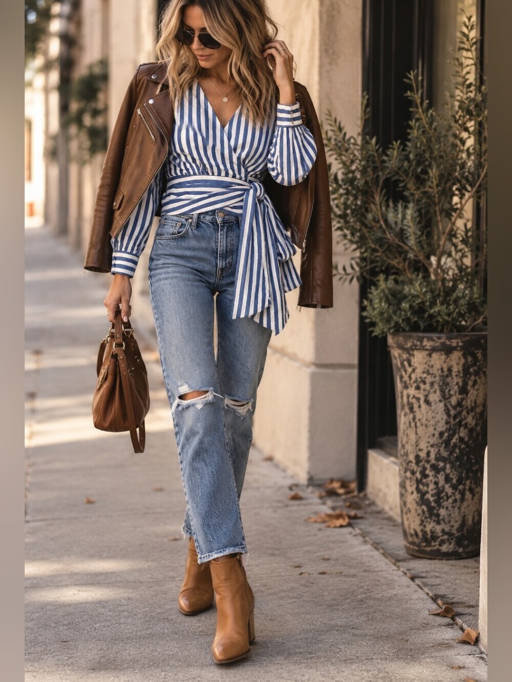 100% Cotton Blue White Striped Wrap Blouse Tie Waist Puff Sleeve M